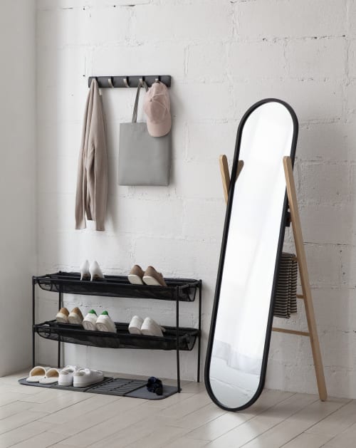 Déco Miroirs | Miroir en pied à poser, noir et bois naturel, 42x157cm - PV65484