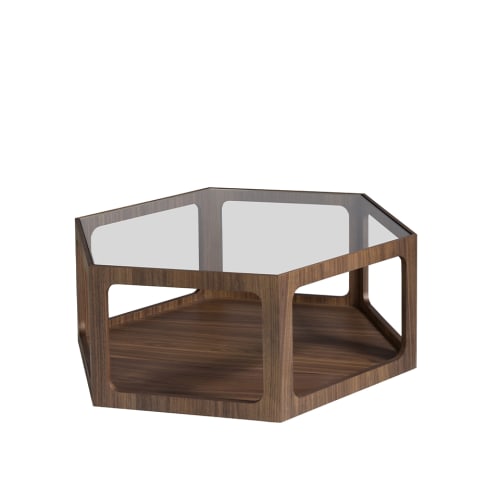 Meubles Tables basses | Table basse hexagonale placage noyer et plateau en verre trempé. - LF19061
