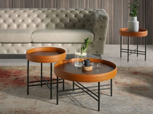 Meubles Tables basses | Table basse ronde simili cuir couleur cognac et acier noir - NY16789