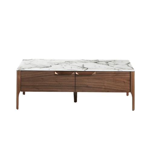Meubles Tables basses | Table en fibre de verre effet marbre calacatta et placage noyer - HD66148