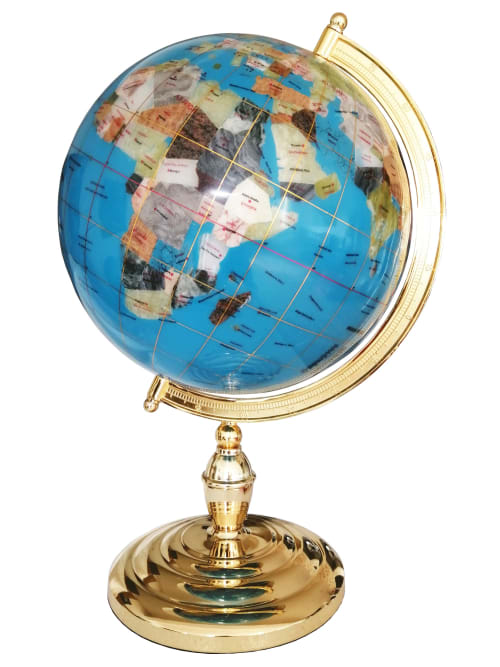 Déco Globes | Globe sur 1 pied doré en pierres fines bleu ciel - YV90595