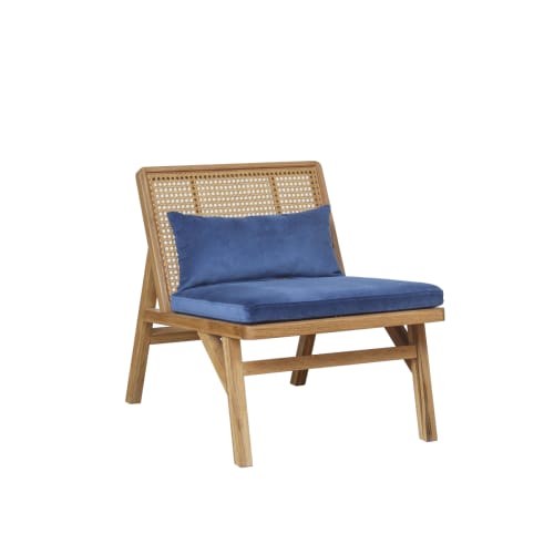 Canapés et fauteuils Fauteuils | Fauteuil en cannage chêne clair et velours bleu orage - HB82337