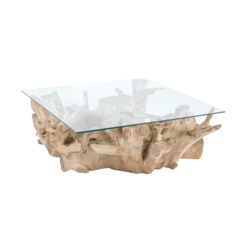 Meubles Tables basses | Table basse en teck avec plateau en verre - OW40465