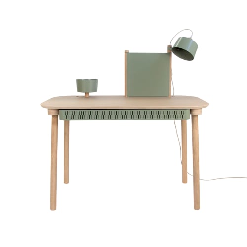 Meubles Bureaux et meubles secrétaires | Bureau chêne avec tiroir, bol, lampe et séparateur vert - CR07144