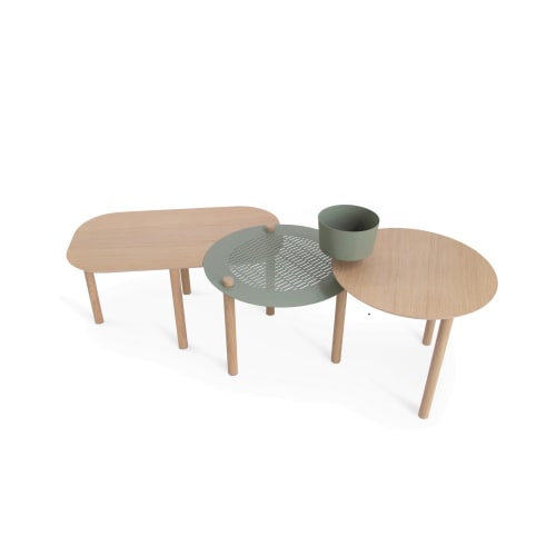 Meubles Tables basses | Table basse 3 plateaux chêne et métal avec bol vert - LL22209