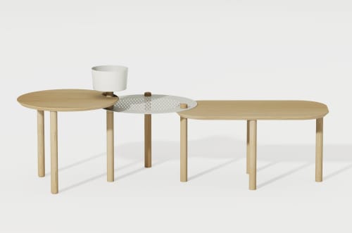 Meubles Tables basses | Table basse 3 plateaux chêne et métal avec bol blanc - ZC85194