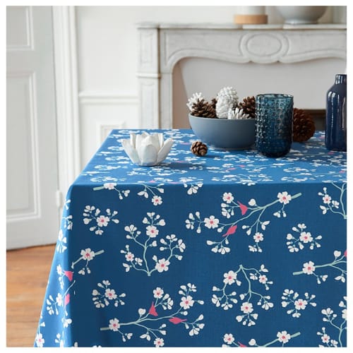 Cerisier Nappe Enduite Ovale Bleu 160 X 200 Cm Maisons Du Monde