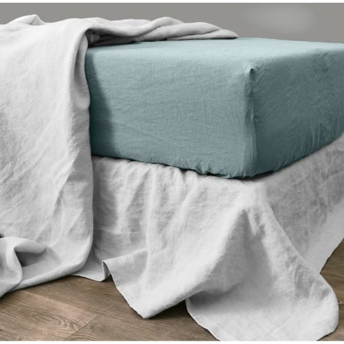 Drap Housse En Lin Chambray 160x200x30 Vert Canard Toscane Maisons Du Monde