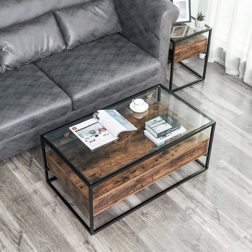 Meubles Tables basses | Table basse 2 tiroirs verre trempé effet bois foncé noir - TV97598
