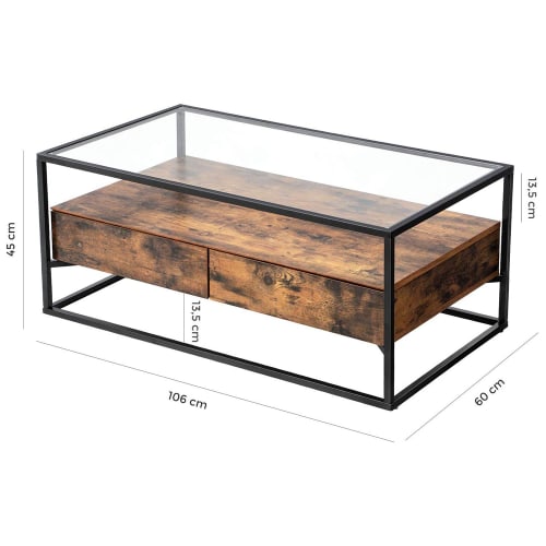 Meubles Tables basses | Table basse 2 tiroirs verre trempé effet bois foncé noir - TV97598