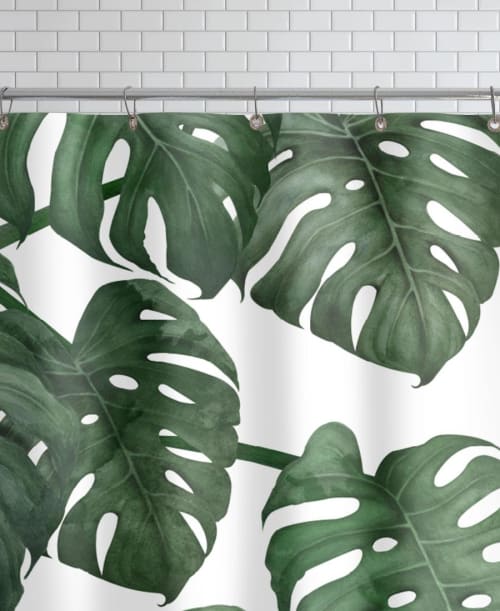 Rideau de douche en polyester en blanc & vert 150x200 TROPICAL NO