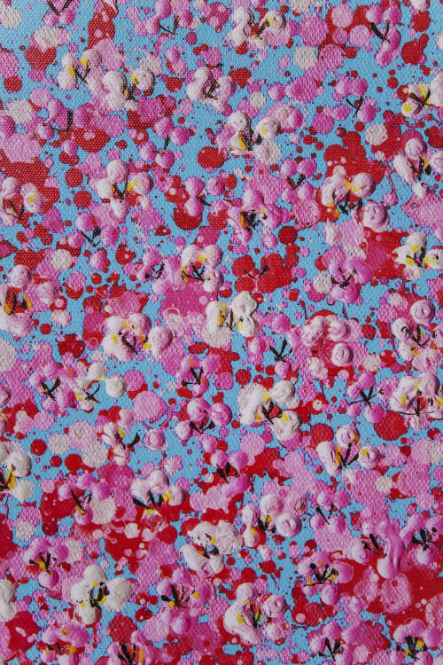 Déco Toiles et tableaux | Toile bleue pirogue fleurs roses 120x160 - IB96058