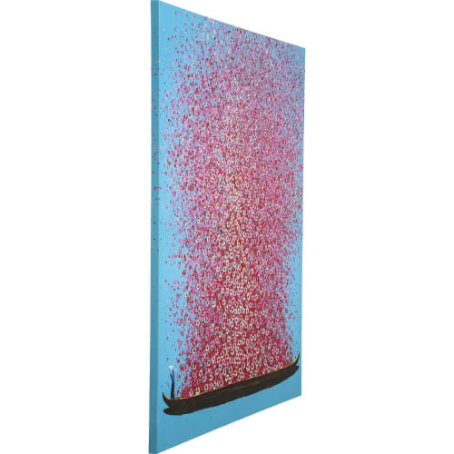 Déco Toiles et tableaux | Toile bleue pirogue fleurs roses 120x160 - IB96058