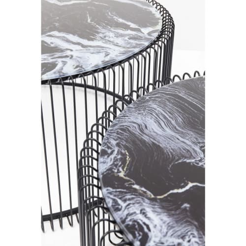 Meubles Tables basses | 2 tables basses rondes en acier noir et verre effet marbre - XI16080