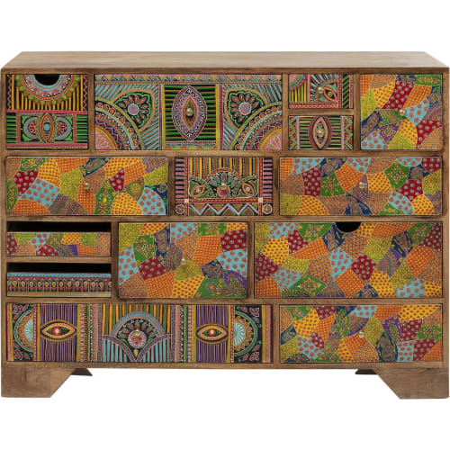 Commode 14 tiroirs en manguier massif motifs multicolores
