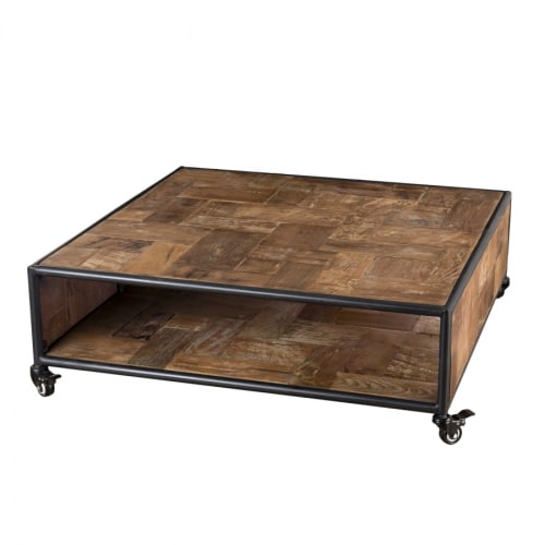 table basse carree roulettes 1 etagere bois teck recycle metal alida maisons du monde