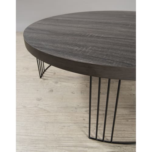 Meubles Tables basses | Table basse ronde plateau bois gris fon‡‚ pieds m‚tal noir D95 - NK65748
