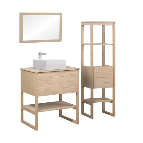 Meubles Meubles vasque | Meuble de salle de bain avec colonne, vasque, miroir effet bois clair - BE75489
