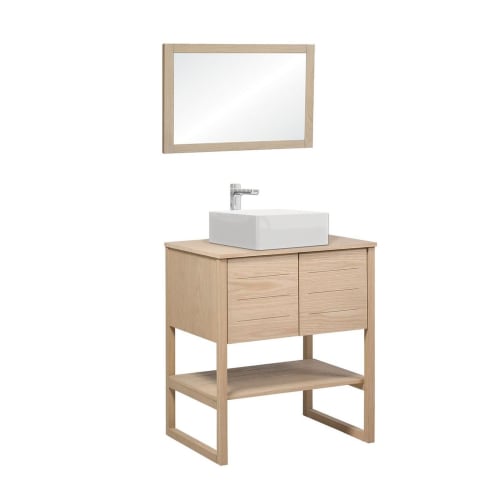 Meubles Meubles vasque | Meuble de salle de bain avec vasque et miroir effet bois clair - DF11460