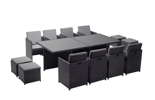 Jardin Ensemble table et chaises de jardin | Table et chaises 12 places encastrables en résine noir/gris - PG09936