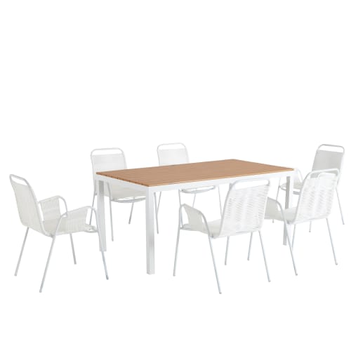 Table de jardin et 6 fauteuils en aluminium cordes blanches