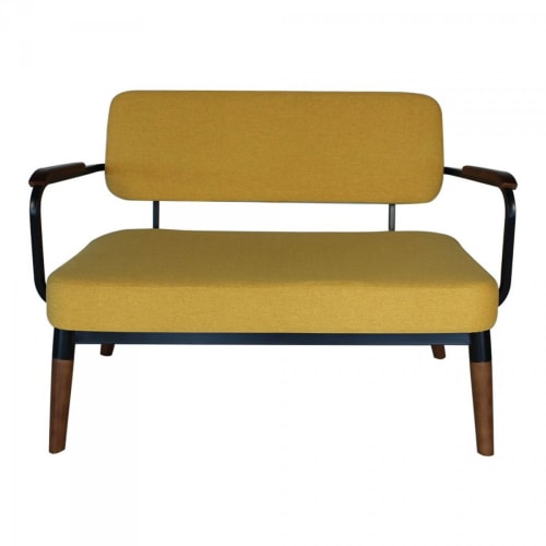 Canapés et fauteuils Canapés droits | Petit canapé scandinave 2 places tissu accoudoirs bois moutarde - MU05755