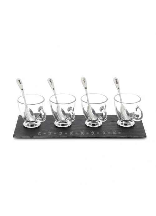 Art de la table Bols, tasses et mugs | Ardoise tasses à expresso cuillères gravées 30x12cm - FR89145
