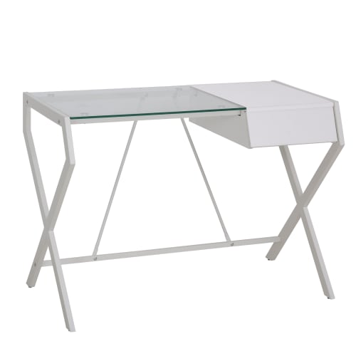 Meubles Bureaux et meubles secrétaires | Bureau informatique blanc bois de chêne verre - AK06841
