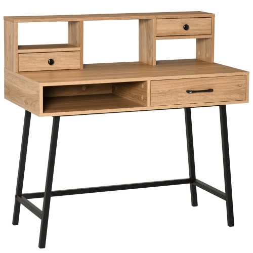 Meubles Bureaux et meubles secrétaires | Bureau secrétaire industriel 3 tiroirs 3 niches métal noir aspect bois - OA80226