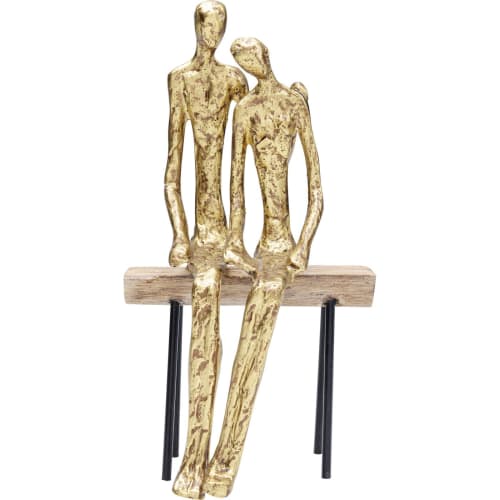 Statuette couple banc en bois et aluminium doré