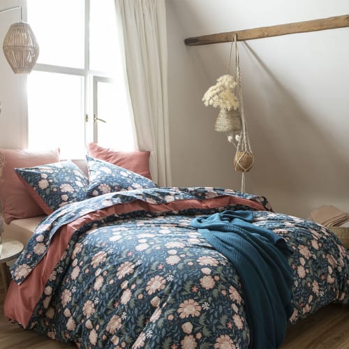 Parure De Lit Imprimee En Percale De Coton Bleu Nuit 200x200 Fairy Blossom Maisons Du Monde