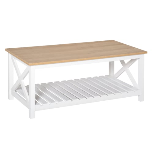 Meubles Tables basses | Table basse rectangulaire étagère à lattes plateau chêne clair blanc - LL11438