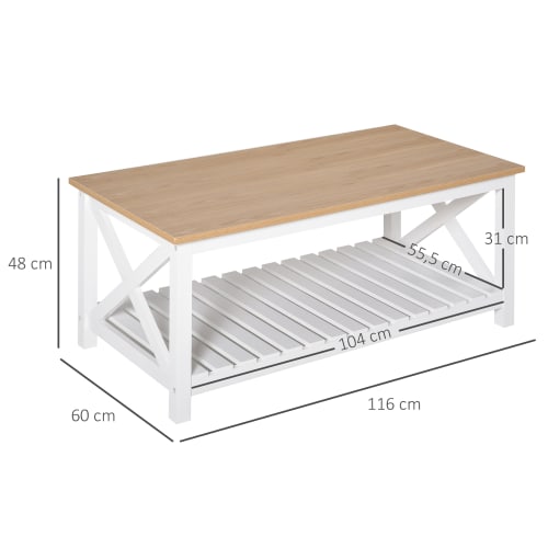 Meubles Tables basses | Table basse rectangulaire étagère à lattes plateau chêne clair blanc - LL11438