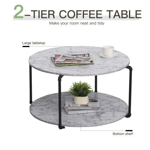 Meubles Tables basses | Table basse ronde avec étagère imitation marbre blanc métal noir - DI28576
