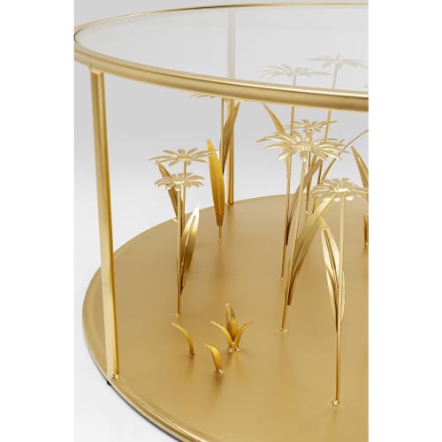 Meubles Tables basses | Table basse ronde en verre et acier doré fleurs en relief D80 - OL58962
