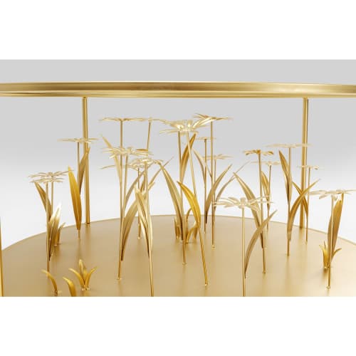 Meubles Tables basses | Table basse ronde en verre et acier doré fleurs en relief D80 - OL58962