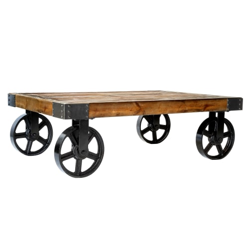 Meubles Tables basses | Table basse rectangulaire en bois et métal à roulettes - OX55699
