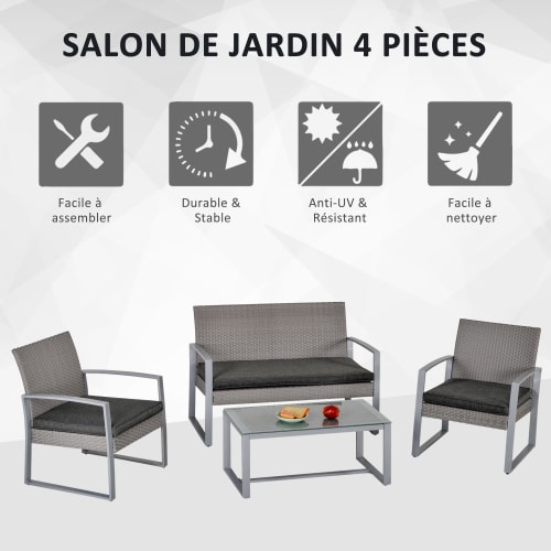 Jardin Salons de jardin | Salon de jardin style yachting 4 places table basse métal résine gris - GR01668