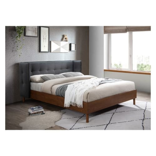 Ensemble lit adulte 180x200 cm placage bois avec tête de lit en cannage  Leonie + Matelas mémoire de forme Memo HR - Homifab