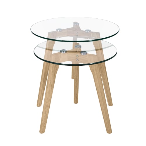 Meubles Tables basses | Tables basses rondes en verre et bois d'hévéa (lot de 2) - CL05833