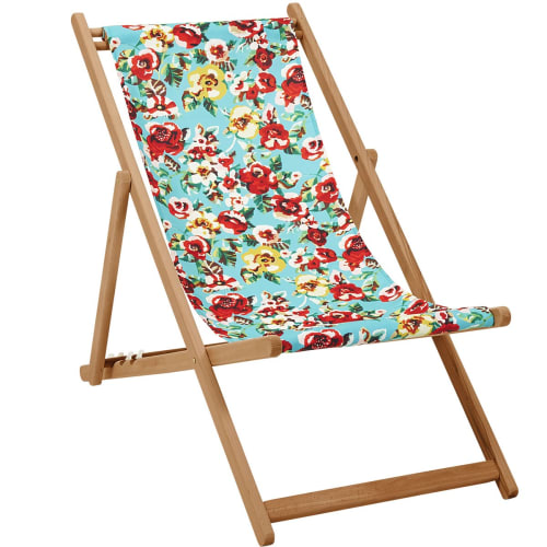 Jardin Bains de soleil et chaises longues | Chilienne pliante en acacia et imprimé fleuri turquoise - MT71651