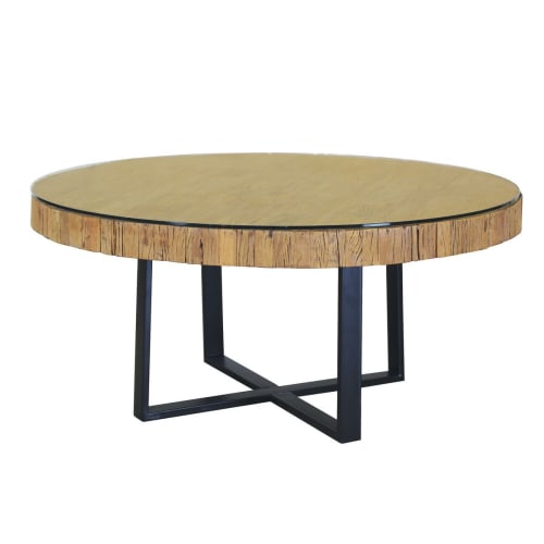 Meubles Tables à manger | Table ronde en teck et verre 160cm - LN63754