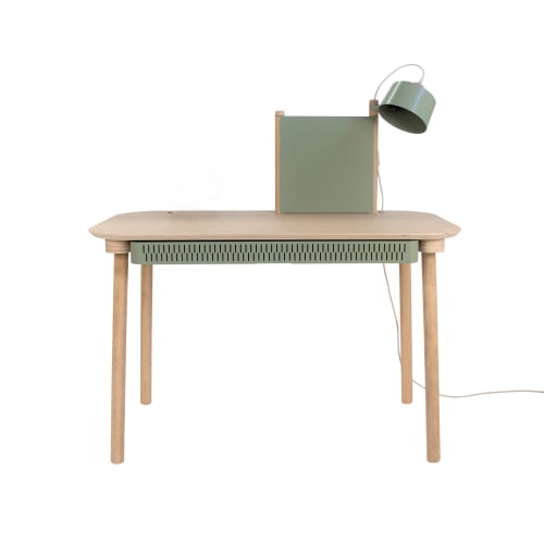 Meubles Bureaux et meubles secrétaires | Bureau avec tiroir, séparateur et lampe en chêne et métal vert - OF58934