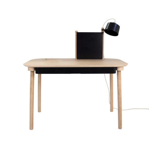 Meubles Bureaux et meubles secrétaires | Bureau avec tiroir, séparateur et lampe en chêne et métal noir - YM48027