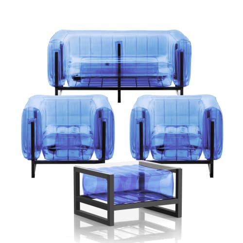 Jardin Salons de jardin | Salon de jardin design 1 canapé, 2 fauteuils et table basse bleu - CK43562
