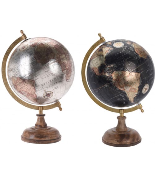 Déco Globes | Set de 2 globes terrestres style ancien argent et noir - LI12172