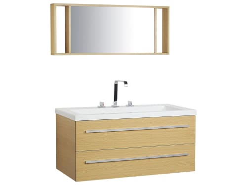 Meubles Meubles vasque | Meuble vasque à tiroirs beige avec miroir - QL92764