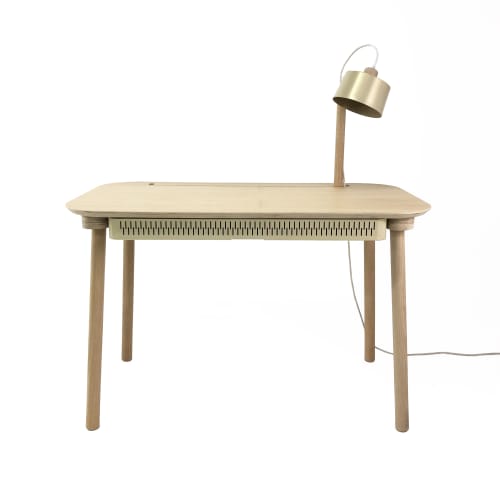 Meubles Bureaux et meubles secrétaires | Bureau en chêne avec lampe et tiroir en métal laiton - AN94439