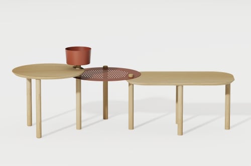 Meubles Tables basses | Table basse 3 plateaux chêne et métal avec bol terracotta - NJ13585