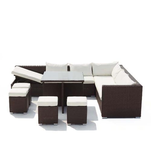 Jardin Ensemble table et chaises de jardin | Salon de jardin encastrable 10 places en résine marron/blanc - WR83620